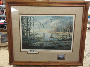 lot 713 image: A LIKELY REFUGE BY KEN ZYLLA, A HAND SIGNED COMMEMORATIVE PRINT WITH 1981 STAMP