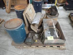 pallet with rock sander, 3 extra diamond blades, and misc barrels and metal