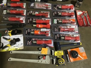 lot 15 image: BIN WITH ASSORTED PLUMBING TOOLS AND MORE RIGID HUSKY STANLEY AND POWERCARE TOOLS SEE PICS
