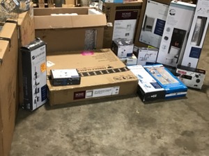 lot 31 image: BATHROOM PALLET WITH ASSORTED GLACIER BAY & HOME DECOR COLLECTION BATHROOM CABINETS FAUCETS AND TOWEL HOLDERS SHOWER RACKS SEE DESCRIPTION PICS