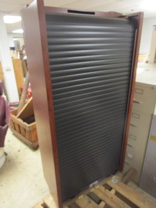 lot 212 image: STORAGE CABINET, WITH ROLL-TOP DOOR, ADJUSTABLE SHELVES