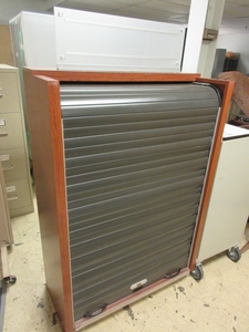 lot 214 image: STORAGE CABINET WITH TAMBORED DOOR AND ADJUSTABLE SHELVES