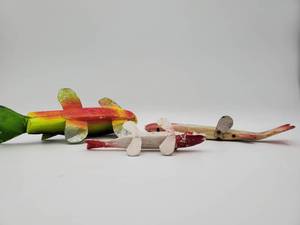 lot 358 image: Pike Spear Fishing Decoy 3 fish red white and silver with mini white and red and blck green orange