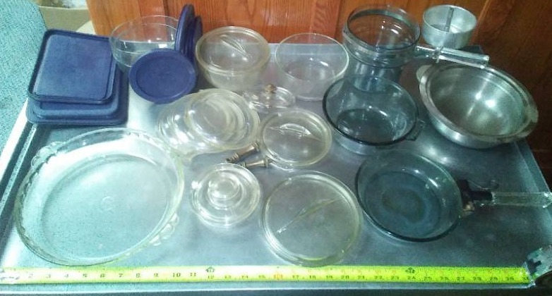 Pyrex lot-clamp-on handle pieces, pie plate modern.