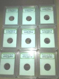 9 Coins. 3 Constantine, 6 2 Reales, 3 Two Bits.