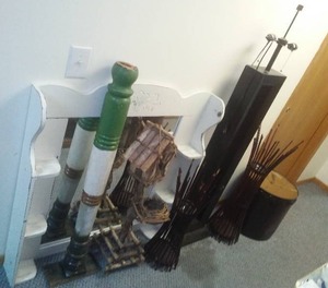 Misc. Dcor. Floor lamp, mirror, cane candle holders.