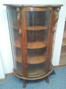 Antique Curio Cabinet � Rounded Glass, Ornate Wood