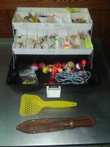 Tackle Box and Contents, Fly lures, Bobbers, worms and more.