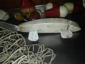 Vintage and Antique Wood Bobbers, Decoy and net.