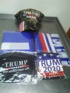 Trump 2020 hat, 2 different flags and masks.