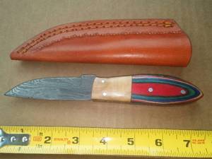 7.75 in. Knife, Multicolored Wood Handle and Leather Sheath