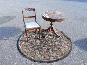 lot 16 image: Round Rug 63, 28 Parlor Table On Casters (In 2-Pieces Top Not Attached To Base) & Wood Chair