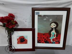 lot 20 image: Georgia OKeefe Poppy 14x13, Hout Girl In Poppies 19x23 & Wall Vase