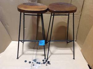 lot 40 image: Brown and Black 28 in. Height Iron and Wood Saddle Seat Bar Stool &nbspin good condition 