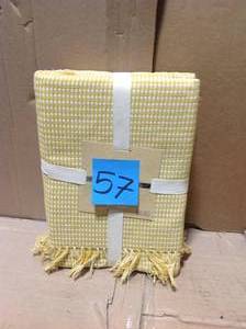 lot 57 image: Homespun Fringed 60 in. x 102 in. Gold 100% Cotton Tablecloth &nbspin good condition 
