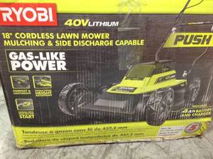 RYOBI 18 in. 40-Volt 2-in-1 Lithium-Ion Cordless Battery Walk Behind Push Mower 4.0 Ah BatteryCharger Included not used