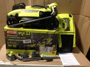 lot 13 image: 13 in. ONE 18-Volt Li 13 in. ONE 18-Volt Lithium-Ion Battery Walk Behind Push Lawn Mower whit  4.0 Ah BatteryCharger Included &nbspin good condition 