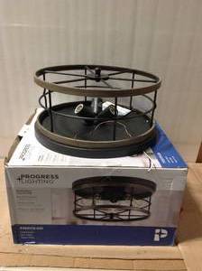 lot 60 image: Fairforest 15.75 in. 3-Light Matte Black Flushmount with Aged Oak Accents &nbspin good condition 