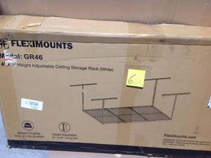 lot 62 image: FLEXIMOUNTS 4X6 HEAVY DUTY OVERHEAD GARAGE ADJUSTABLE CEILING STORAGE RACK, 72 LENGTH X 48 WIDTH X 40 HEIGHT, WHITE &nbspin good condition 