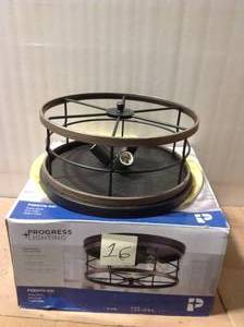 lot 16 image: Fairforest 15.75 in. 3-Light Matte Black Flushmount with Aged Oak  Accents in good condition 