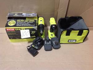 lot 100 image: RYOBI 18-Volt ONE Lithium-Ion Cordless 2-Tool Combo Kit w DrillDriver, Impact Driver, (2) 1.5 Ah Batteries, Charger and Bag in good condition 