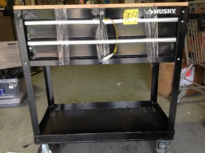 lot 109 image: Husky 36 in. W 3-Drawer Rolling Tool Cart in Gloss Black with Hardwood Top