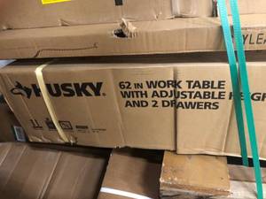 lot 118 image: Husky 62 in. Adjustable Height Work with 2-Drawers Table in White in good conditions
