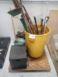 pallet of misc long tools  buckets and tv