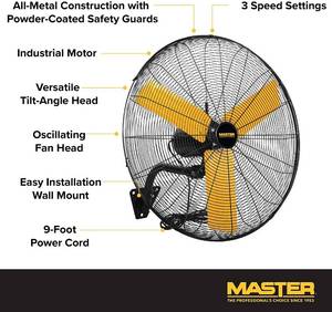MSRP $200 1 New In Box Master 24 Inch Oscillating Industrial High Velocity Wall Mount Fan - Direct Drive, All-Metal Construction with Steel-Coated Safety Grill, 3 Speed Settings (MAC-24WOSC)