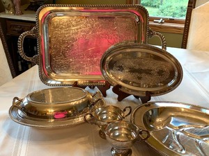 lot 40 image: Silver Plated Serving Dishes with Sterling Cream & Sugar Dishes