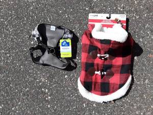 lot 48 image: New Lumberjack Plaid Dog Jacket Size Med. Fits 15-30 Lbs. & New Harness Size Small Fits 19-23 Inch Girth