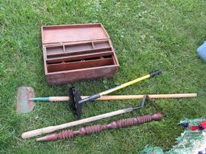 lot 458 image: Vintage Wood Tool Box, Tools, Ice S...