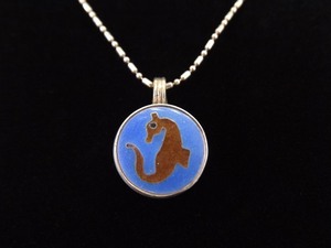 lot 5 image: .925 Sterling Silver Inlayed Lapis with Inlayed Jasper Seahorse Pendant Necklace