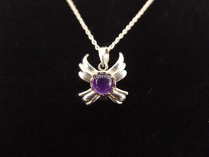 lot 13 image: .925 Sterling Silver Amethyst Cabochon Winged Pendant Necklace