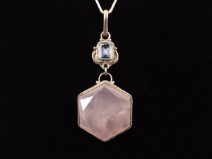 lot 21 image: .925 Sterling Silver Large Topaz and Rose Quartz Mother and Son Pendant Necklace