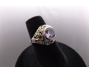lot 53 image: .925 Sterling Silver Faceted Amethyst and Inlayed Opal Ring Size 5.5