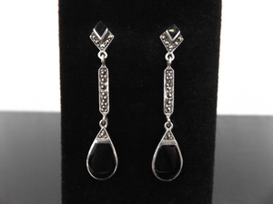lot 86 image: .925 Sterling Silver Art Nouveau Black Onyx Dangle Post Earrings