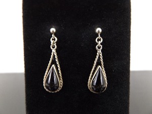 lot 87 image: .925 Sterling Silver Black Onyx Cabochon Dangle Post Earrings