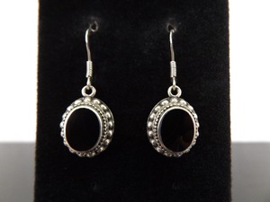 lot 91 image: .925 Sterling Silver Black Onyx Cabochon Dangle Hook Earrings