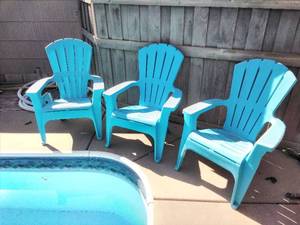 lot 74 image: Three Blue Plastic Adirondack Chairs