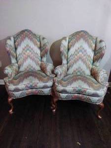 lot 15 image: Pair of Pennsylvania House High-Backed Upholstered Chairs