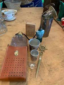 lot 166 image: Flask, Camel Wooden Container, Letter Opener, Vintage Perfume Bottle
