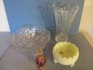 lot 195 image: Cut Glass Bowl, Fenton Dish, Vase
