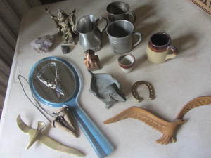 Pewter & silver plate cups, brass, ...