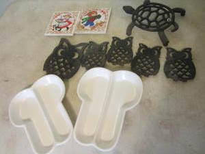 Tiles , cast trivets with owls & tu...