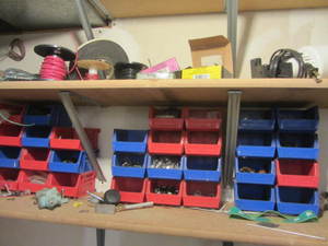 Hardware bins with hardware, lights...