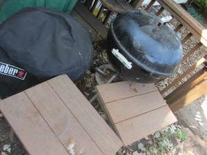Weber BBQ grill, three patio tables...