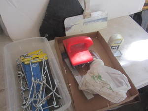 Peg board hooks, clamp, grout brush...