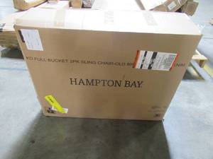 lot 418 image: Hampton Bay Mix and Match Brown Steel Sling Outdoor Patio Dining Chair in Conley Denim Blue (2-Pack) FCS00015Y-2PKBD
