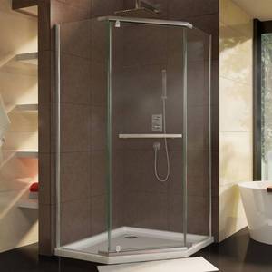 lot 326 image: Dreamline Prism 34-18 in. x 72 in. Semi-Frameless Corner Pivot Shower Enclosure in Brushed Nickel with Handle, SHEN-2134340-40